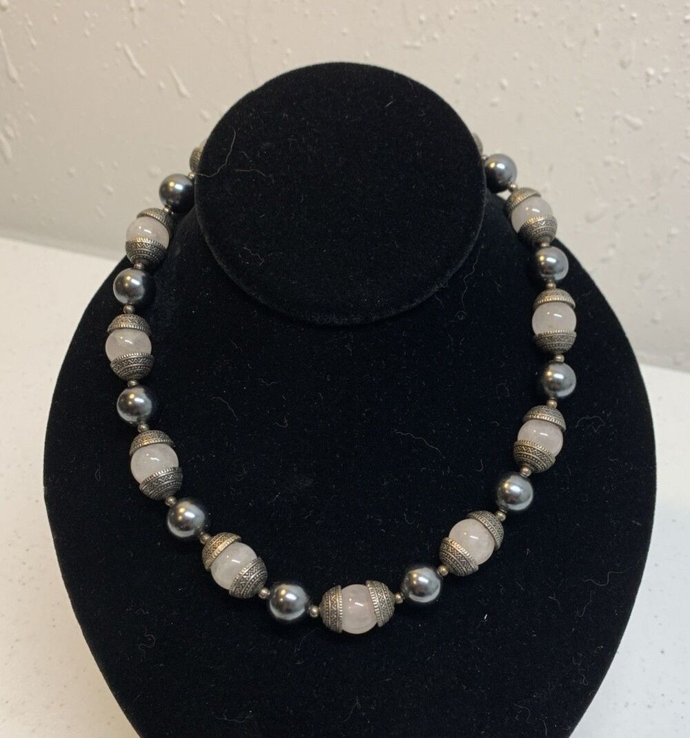 Vintage Bali Style Capped Rose Quartz Bead Necklace Silver Tone Chakra Healing